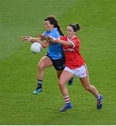 26 June 2021; Leah Caffrey of Dublin in action against Eimear Scally of Cork during the Lidl Ladies Football National League Division 1 Final match between Cork and Dublin at Croke Park in Dublin. Photo by Ramsey Cardy/Sportsfile