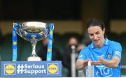 26 June 2021; Dublin captain Sinead Aherne sanitises her hands before lifting the cup following her side's victory in the Lidl Ladies Football National League Division 1 Final match between Cork and Dublin at Croke Park in Dublin. Photo by Ramsey Cardy/Sportsfile