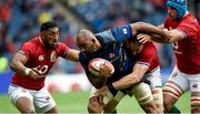 26 June 2021; Michael Leitch of Japan is tackled by Bundee Aki, left, and Jack Conan of British and Irish Lions during the 2021 British and irish Lions tour match between the British and Irish Lions and Japan at BT Murrayfield Stadium in Edinburgh, Scotland. Photo by Ian Rutherford/Sportsfile