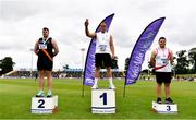 26 June 2021; Men's Discus Medallists, from left, Eoin Sheridan of Clonliffe Harriers AC, Dublin, silver, Colin Quirke of Crusaders AC, Dublin, gold, and Padraig Hore of DMP AC, Wexford, bronze, during day two of the Irish Life Health National Senior Championships at Morton Stadium in Santry, Dublin. Photo by Sam Barnes/Sportsfile
