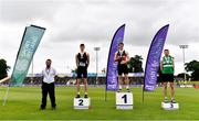 26 June 2021; Athletics Ireland Chair of Competition Andrew Lynam, left, with Men's High Jump Medallists, from left, Geoffrey Joy O'Regan of Sun Hill Harriers AC, Limerick, Ciaran Connolly of Le Chéile AC, Kildare, gold, and David Cussen of Old Abbey AC, bronze, during day two of the Irish Life Health National Senior Championships at Morton Stadium in Santry, Dublin. Photo by Sam Barnes/Sportsfile