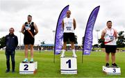 26 June 2021; Athletics Ireland High Performance Chair Fintan Reilly, left, with Men's Discus Medallists, from left, Eoin Sheridan of Clonliffe Harriers AC, Dublin, silver, Colin Quirke of Crusaders AC, Dublin, gold, and Padraig Hore of DMP AC, Wexford, bronze, during day two of the Irish Life Health National Senior Championships at Morton Stadium in Santry, Dublin. Photo by Sam Barnes/Sportsfile