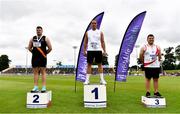 26 June 2021; Men's Discus Medallists, from left, Eoin Sheridan of Clonliffe Harriers AC, Dublin, silver, Colin Quirke of Crusaders AC, Dublin, gold, and Padraig Hore of DMP AC, Wexford, bronze, during day two of the Irish Life Health National Senior Championships at Morton Stadium in Santry, Dublin. Photo by Sam Barnes/Sportsfile