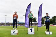 26 June 2021; Women's weight for distance medallists, from left, Casey Mulvey of Inny Vale AC, Cavan, silver, Zoe Mohan of Cushinstown AC, Meath, gold, and Ebony Hogan of Birr AC, Offaly, bronze, during day two of the Irish Life Health National Senior Championships at Morton Stadium in Santry, Dublin. Photo by Sam Barnes/Sportsfile