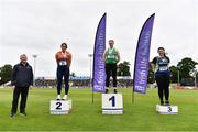 26 June 2021; Athletics Ireland Chair of Finance & Risk Michael Quinlan with Women's weight for distance medallists, from left, Casey Mulvey of Inny Vale AC, Cavan, silver, Zoe Mohan of Cushinstown AC, Meath, gold, and Ebony Hogan of Birr AC, Offaly, bronze, during day two of the Irish Life Health National Senior Championships at Morton Stadium in Santry, Dublin. Photo by Sam Barnes/Sportsfile