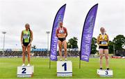 26 June 2021; Women's 400m Hurdles medallists, from left, Deirdre Murray of Na Fianna AC, Meath, silver, Kelly McGrory of Tír Chonaill AC, Donegal, gold, and Karen Dunne of Bohermeen AC, Meath, bronze,  during day two of the Irish Life Health National Senior Championships at Morton Stadium in Santry, Dublin. Photo by Sam Barnes/Sportsfile