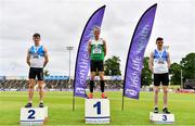 26 June 2021; Men's 400m Hurdles medallists, from left, Jack Mitchell of St Laurence O'Toole AC, Carlow, silver, Thomas Barr of Ferrybank AC, Waterford, gold, and Alan Miley of St Laurence O'Toole AC, Carlow, bronze, during day two of the Irish Life Health National Senior Championships at Morton Stadium in Santry, Dublin. Photo by Sam Barnes/Sportsfile