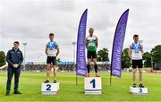 26 June 2021; Minister of State for Sport and the Gaeltacht Jack Chambers, far left, with Men's 400m Hurdles medallists, from left, Jack Mitchell of St Laurence O'Toole AC, Carlow, silver, Thomas Barr of Ferrybank AC, Waterford, gold, and Alan Miley of St Laurence O'Toole AC, Carlow, bronze, during day two of the Irish Life Health National Senior Championships at Morton Stadium in Santry, Dublin. Photo by Sam Barnes/Sportsfile