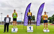 26 June 2021; Athletics Ireland Preident John Cronin, left, with Men's 100m medallists, from left, Stephen Gaffney of Rathfarnham WSAF AC, Dublin, silver, Israel Olatunde of UCD AC, Dublin, gold, and Conor Morey of Leevale AC, Cork, bronze, during day two of the Irish Life Health National Senior Championships at Morton Stadium in Santry, Dublin. Photo by Sam Barnes/Sportsfile