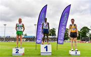 26 June 2021; Men's 5000m medallists, from left, Sean Tobin of Clonmel AC, Tipperary, silver, Hiko Haso Tonosa of Dundrum South Dublin AC, gold, and Neil Johnston of Annadale Striders, bronze,during day two of the Irish Life Health National Senior Championships at Morton Stadium in Santry, Dublin. Photo by Sam Barnes/Sportsfile