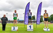 26 June 2021; Former Athletics Ireland President Georgina Drumm, left, with Men's 5000m medallists, from left, Sean Tobin of Clonmel AC, Tipperary, silver, Hiko Haso Tonosa of Dundrum South Dublin AC, gold, and Neil Johnston of Annadale Striders, bronze,during day two of the Irish Life Health National Senior Championships at Morton Stadium in Santry, Dublin. Photo by Sam Barnes/Sportsfile