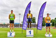 26 June 2021; Men's 100m medallists, from left, Stephen Gaffney of Rathfarnham WSAF AC, Dublin, silver, Israel Olatunde of UCD AC, Dublin, gold, and Conor Morey of Leevale AC, Cork, bronze, during day two of the Irish Life Health National Senior Championships at Morton Stadium in Santry, Dublin. Photo by Sam Barnes/Sportsfile
