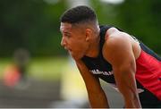 27 June 2021; Leon Reid of Menapians AC, Wexford, after competing in the Men's 200m heats during day three of the Irish Life Health National Senior Championships at Morton Stadium in Santry, Dublin. Photo by Sam Barnes/Sportsfile