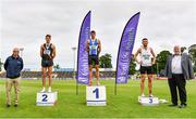 26 June 2021; Sport Ireland chief executive John Treacy, far left, and Athletics Ireland President John Cronin, far right, with Men's 1500m medallists, from left, Cathal Doyle of Clonliffe Harriers AC, Dublin, silver, Andrew Coscoran of Star of the Sea AC, Meath, gold, Kevin Kelly of St. Coca's AC, Kildare, bronze, as Willie Smith presents the cup during day two of the Irish Life Health National Senior Championships at Morton Stadium in Santry, Dublin. Photo by Sam Barnes/Sportsfile