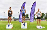 26 June 2021; Men's 1500m medallists, from left, Cathal Doyle of Clonliffe Harriers AC, Dublin, silver, Andrew Coscoran of Star of the Sea AC, Meath, gold, Kevin Kelly of St. Coca's AC, Kildare, bronze, during day two of the Irish Life Health National Senior Championships at Morton Stadium in Santry, Dublin. Photo by Sam Barnes/Sportsfile