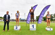 26 June 2021; Irish Life Health Managing Director Gerard Davis with Women's 100m medallists, from left, Molly Scott of St Laurence O'Toole AC, Carlow, silver, Rhasidat Adeleke of Tallaght AC, Dublin, gold, and Aoife Lynch of Donore Harriers, Dublin, bronze, during day two of the Irish Life Health National Senior Championships at Morton Stadium in Santry, Dublin. Photo by Sam Barnes/Sportsfile