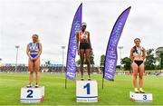 26 June 2021; Women's 100m medallists, from left, Molly Scott of St Laurence O'Toole AC, Carlow, silver, Rhasidat Adeleke of Tallaght AC, Dublin, gold, and Aoife Lynch of Donore Harriers, Dublin, bronze, during day two of the Irish Life Health National Senior Championships at Morton Stadium in Santry, Dublin. Photo by Sam Barnes/Sportsfile