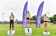 26 June 2021; Women's 800m medallists, from left, Siofra Cleirigh Buttner of Dundrum South Dublin AC, silver, Louise Shanahan of Leevale AC, Cork, gold, and Georgie Hartigan of Dundrum South Dublin AC, bronze, during day two of the Irish Life Health National Senior Championships at Morton Stadium in Santry, Dublin. Photo by Sam Barnes/Sportsfile