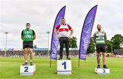 26 June 2021; Men's Weight for Distance medallists, from left, John Dwyer of Templemore AC, Tipperary, silver, Sean Breathnach of Galway City Harriers AC, Gold, and Michael Healy of Youghal AC, Cork, bronze, during day two of the Irish Life Health National Senior Championships at Morton Stadium in Santry, Dublin. Photo by Sam Barnes/Sportsfile