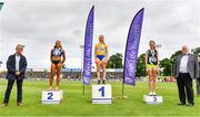 26 June 2021; Irish Life Health Managing Director Gerard Davis, left, and Athletics Ireland President John Cronin, right, with Women's 1500m medallists, from left, Nadia Power of Dublin City Harriers AC, silver, Sarah Healy of UCD AC, Dublin, gold, and Roisin Flanagan of Carmen Runners AC, Tyrone, bronze, during day two of the Irish Life Health National Senior Championships at Morton Stadium in Santry, Dublin. Photo by Sam Barnes/Sportsfile