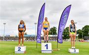 26 June 2021; Women's 1500m medallists, from left, Nadia Power of Dublin City Harriers AC, silver, Sarah Healy of UCD AC, Dublin, gold, and Roisin Flanagan of Carmen Runners AC, Tyrone, bronze, during day two of the Irish Life Health National Senior Championships at Morton Stadium in Santry, Dublin. Photo by Sam Barnes/Sportsfile