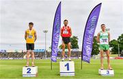 26 June 2021; Men's 800m medallists, from left, Luke McCann of UCD AC, Dublin, silver, John Fitzsimons of Kildare AC, gold, and Cillian Kirwan of Raheny Shamrock AC, Dublin, bronze, during day two of the Irish Life Health National Senior Championships at Morton Stadium in Santry, Dublin. Photo by Sam Barnes/Sportsfile