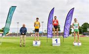 26 June 2021;Sport Ireland chief executive John Treacy, left, with Men's 800m medallists, from left, Luke McCann of UCD AC, Dublin, silver, John Fitzsimons of Kildare AC, gold, and Cillian Kirwan of Raheny Shamrock AC, Dublin, bronze, during day two of the Irish Life Health National Senior Championships at Morton Stadium in Santry, Dublin. Photo by Sam Barnes/Sportsfile