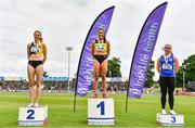 26 June 2021; Women's 400m medallists, from left, Cliodhna Manning of Kilkenny City Harriers AC, silver, Phil Healy of Bandon AC, Cork, gold, and Catherine McManus of Dublin City Harriers AC, bronze, during day two of the Irish Life Health National Senior Championships at Morton Stadium in Santry, Dublin. Photo by Sam Barnes/Sportsfile