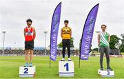 26 June 2021; Men's Pole Vault Medallists, from left, Michael Bowler of Enniscorthy AC, Wexford, silver, Conor Callinan Keenan of Leevale AC, Cork, gold, and Shane Power of St. Joseph's AC, Kilkenny, bronze, during day two of the Irish Life Health National Senior Championships at Morton Stadium in Santry, Dublin. Photo by Sam Barnes/Sportsfile