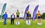 26 June 2021; Tullamore Harriers Chairman Adrian Curley, far left, and Athletics Ireland Preident John Cronin with Men's 100m medallists, from left, Stephen Gaffney of Rathfarnham WSAF AC, Dublin, silver, Israel Olatunde of UCD AC, Dublin, gold, and Conor Morey of Leevale AC, Cork, bronze, during day two of the Irish Life Health National Senior Championships at Morton Stadium in Santry, Dublin. Photo by Sam Barnes/Sportsfile