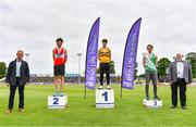 26 June 2021; Irish Life Health Managing Director Gerard Davis, left, and Athletics Ireland President John Cronin, right, with Men's Pole Vault Medallists, from left, Michael Bowler of Enniscorthy AC, Wexford, silver, Conor Callinan Keenan of Leevale AC, Cork, gold, and Shane Power of St. Joseph's AC, Kilkenny, bronze, during day two of the Irish Life Health National Senior Championships at Morton Stadium in Santry, Dublin. Photo by Sam Barnes/Sportsfile