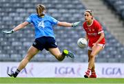 26 June 2021; Orla Finn of Cork in action against Hannah Leahy of Dublin during the Lidl Ladies Football National League Division 1 Final match between Cork and Dublin at Croke Park in Dublin. Photo by Brendan Moran/Sportsfile