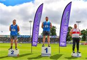 27 June 2021; Men's Shot Put Medallists, from left, James Kelly of Finn Valley AC, Donegal, silver, Gavin McLaughlin of Finn Valley AC, Donegal, gold, and Sean Breathnach of Galway City Harriers, bronze, during day three of the Irish Life Health National Senior Championships at Morton Stadium in Santry, Dublin. Photo by Sam Barnes/Sportsfile