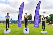 27 June 2021; Women's Triple Jump Medallists, from left, Grace Furlong of Waterford AC, silver, Saragh Buggy of St Abbans AC, Laois, gold, and  Aisling MacHugh of Naas AC, Kildare, bronze, during day three of the Irish Life Health National Senior Championships at Morton Stadium in Santry, Dublin. Photo by Sam Barnes/Sportsfile