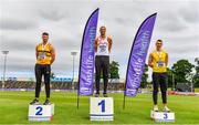 26 June 2021; Men's Long Jump medallists, from left, Sam Healy of Leevale AC, Cork, silver, Adam McMullen of Crusaders AC, Dublin, gold, and Shane Howard of Bandon AC, Cork, bronze, during day two of the Irish Life Health National Senior Championships at Morton Stadium in Santry, Dublin. Photo by Sam Barnes/Sportsfile