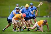 26 June 2021; James McNaughton of Antrim in action against Cian Boland, left, and Daire Gray of Dublin during the Leinster GAA Hurling Senior Championship Quarter-Final match between Dublin and Antrim at Páirc Tailteann in Navan, Meath. Photo by Stephen McCarthy/Sportsfile