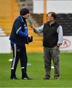 26 June 2021; Laois manager Seamus Plunkett is interviewed by Martin Kiely, a sports commentator with RTÉ, before the Leinster GAA Hurling Senior Championship Quarter-Final match between Wexford and Laois at UPMC Nowlan Park in Kilkenny. Photo by Ray McManus/Sportsfile