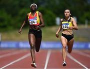 27 June 2021; Rhasidat Adeleke of Tallaght AC, Dublin, left, and Phil Healy of Bandon AC, Cork, competing in the Women's 200m during day three of the Irish Life Health National Senior Championships at Morton Stadium in Santry, Dublin. Photo by Sam Barnes/Sportsfile