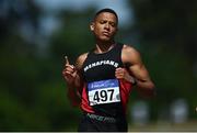 27 June 2021; Leon Reid of Menapians AC, Wexford, celebrates winning the Men's 200m during day three of the Irish Life Health National Senior Championships at Morton Stadium in Santry, Dublin. Photo by Sam Barnes/Sportsfile