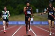 27 June 2021; Leon Reid of Menapians AC, Wexford, centre, on his way to winning the Men's 200m during day three of the Irish Life Health National Senior Championships at Morton Stadium in Santry, Dublin. Photo by Sam Barnes/Sportsfile