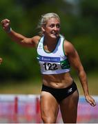 27 June 2021; Sarah Lavin of Emerald AC, Limerick, dips for the line to win the Women's 100m Hurdles during day three of the Irish Life Health National Senior Championships at Morton Stadium in Santry, Dublin. Photo by Sam Barnes/Sportsfile