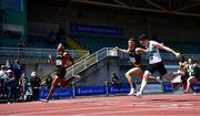 27 June 2021; Leon Reid of Menapians AC, Wexford,  left, celebrates winning the Men's 200m, ahead of Mark Smyth of Raheny Shamrock AC, Dublin, third from left, who finished second, and Marcus Lawler of Clonliffe Harriers AC, Dublin, second from left, who finished third, during day three of the Irish Life Health National Senior Championships at Morton Stadium in Santry, Dublin. Photo by Sam Barnes/Sportsfile