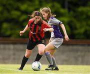 26 June 2021; Alicea Maher of Bohemians in action against Skye Corcoran of Galway WFC during the EA SPORTS Women's National U17 League match between Bohemians and Galway WFC at Oscar Traynor Centre in Dublin. Photo by Matt Browne/Sportsfile