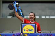27 June 2021; Louth captain Shannen McLoughlin lifts the cup after the Lidl Ladies Football National League Division 4 Final match between Leitrim and Louth at St Tiernach's Park in Clones, Monaghan. Photo by Brendan Moran/Sportsfile