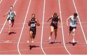 27 June 2021; Leon Reid of Menapians AC, Wexford, second from left, celebrates winning the Men's 200m, ahead of Mark Smyth of Raheny Shamrock AC, Dublin, far right, who finished second, and Marcus Lawler of Clonliffe Harriers AC, Dublin, second from right who finished third, during day three of the Irish Life Health National Senior Championships at Morton Stadium in Santry, Dublin. Photo by Sam Barnes/Sportsfile