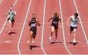 27 June 2021; Leon Reid of Menapians AC, Wexford, second from left, celebrates winning the Men's 200m, ahead of Mark Smyth of Raheny Shamrock AC, Dublin, far right, who finished second, and Marcus Lawler of Clonliffe Harriers AC, Dublin, second from right who finished third, during day three of the Irish Life Health National Senior Championships at Morton Stadium in Santry, Dublin. Photo by Sam Barnes/Sportsfile