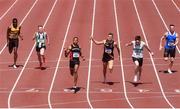 27 June 2021; Leon Reid of Menapians AC, Wexford, third from left, celebrates winning the Men's 200m, ahead of Mark Smyth of Raheny Shamrock AC, Dublin, second from right, who finished second, and Marcus Lawler of Clonliffe Harriers AC, Dublin, third from right who finished third, during day three of the Irish Life Health National Senior Championships at Morton Stadium in Santry, Dublin. Photo by Sam Barnes/Sportsfile