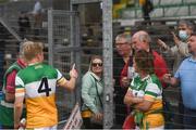 27 June 2021; Niall Darby of Offaly is congratulated by supporters following the Leinster GAA Football Senior Championship Round 1 match between Louth and Offaly at Páirc Tailteann in Navan, Meath. Photo by David Fitzgerald/Sportsfile