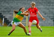 27 June 2021; Lauren Boyle of Louth is tackled by Carla Le Guen of Leitrim during the Lidl Ladies Football National League Division 4 Final match between Leitrim and Louth at St Tiernach's Park in Clones, Monaghan. Photo by Brendan Moran/Sportsfile