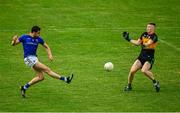 27 June 2021; Michael Quinn of Longford has a shot on goal saved by Ciaran Cunningham of Carlow during the Leinster GAA Football Senior Championship Round 1 match between Carlow and Longford at Bord Na Mona O’Connor Park in Tullamore, Offaly. Photo by Eóin Noonan/Sportsfile